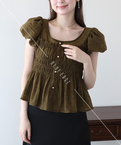Button Shirt/Blouse Short Sleeve Shirring Puff Sleeve