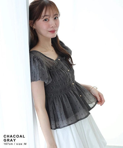 Button Shirt/Blouse Short Sleeve Shirring Puff Sleeve