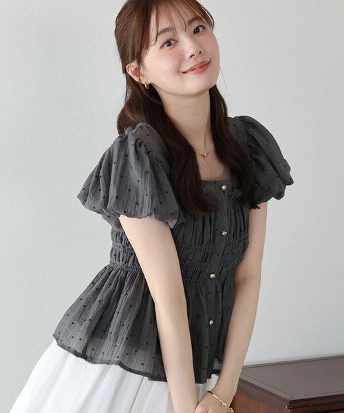 Button Shirt/Blouse Short Sleeve Shirring Puff Sleeve