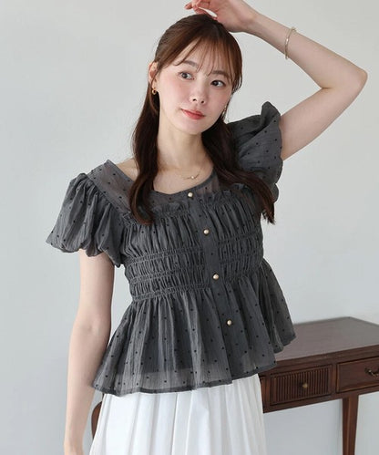 Button Shirt/Blouse Short Sleeve Shirring Puff Sleeve