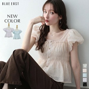 Button Shirt/Blouse Short Sleeve Shirring Puff Sleeve