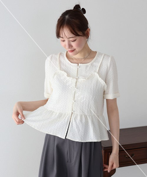 Button Shirt/Blouse Bustier-style Short-Sleeved Blouse Short Sleeve