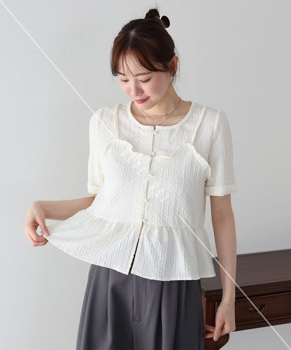 Button Shirt/Blouse Bustier-style Short-Sleeved Blouse Short Sleeve