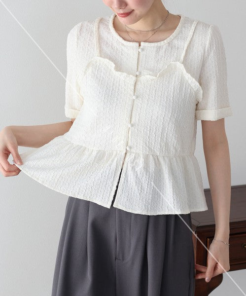 Button Shirt/Blouse Bustier-style Short-Sleeved Blouse Short Sleeve