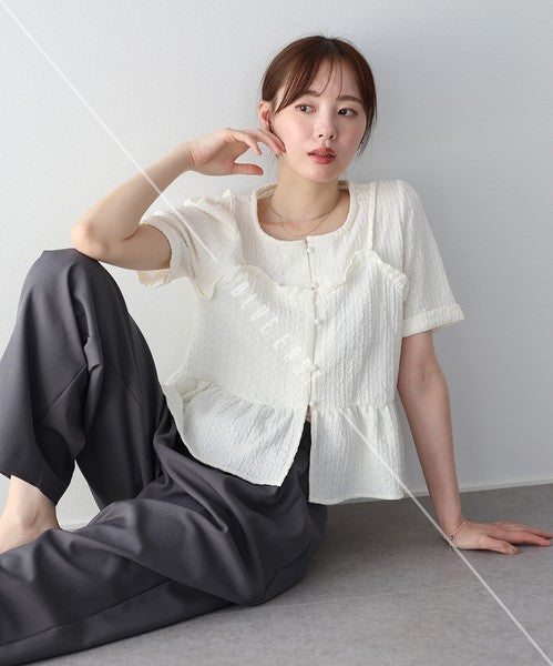Button Shirt/Blouse Bustier-style Short-Sleeved Blouse Short Sleeve