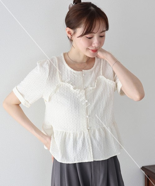 Button Shirt/Blouse Bustier-style Short-Sleeved Blouse Short Sleeve