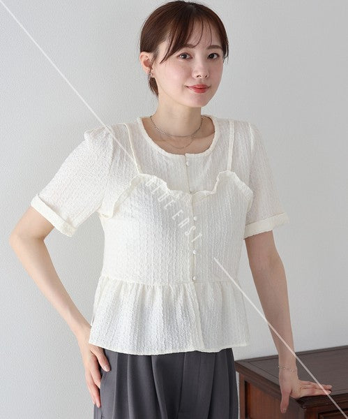 Button Shirt/Blouse Bustier-style Short-Sleeved Blouse Short Sleeve