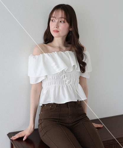 Button Shirt/Blouse Frilled Blouse Short Sleeve Off-The-Shoulder