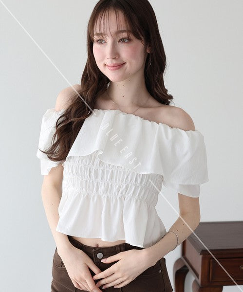 Button Shirt/Blouse Frilled Blouse Short Sleeve Off-The-Shoulder