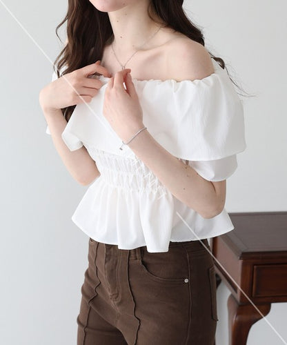 Button Shirt/Blouse Frilled Blouse Short Sleeve Off-The-Shoulder