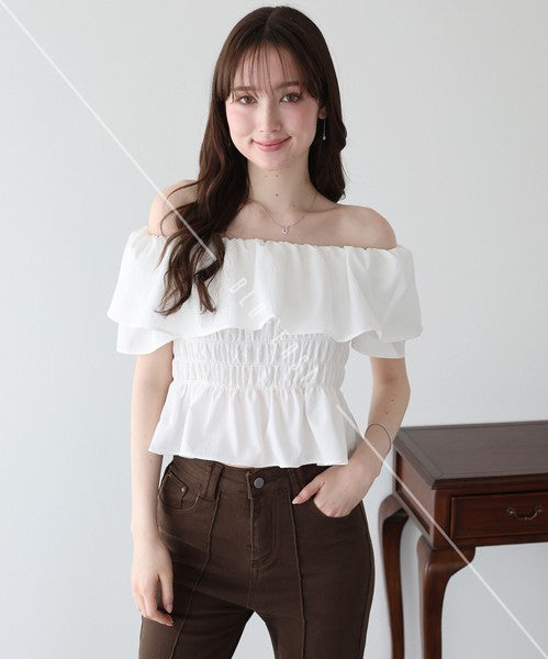 Button Shirt/Blouse Frilled Blouse Short Sleeve Off-The-Shoulder