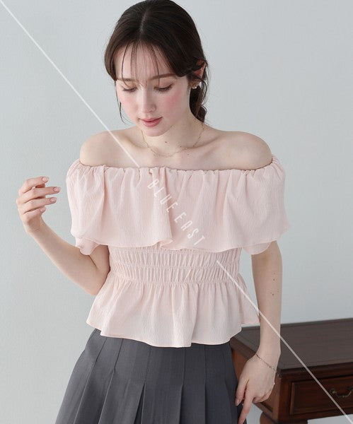 Button Shirt/Blouse Frilled Blouse Short Sleeve Off-The-Shoulder