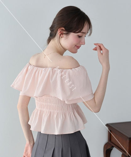 Button Shirt/Blouse Frilled Blouse Short Sleeve Off-The-Shoulder