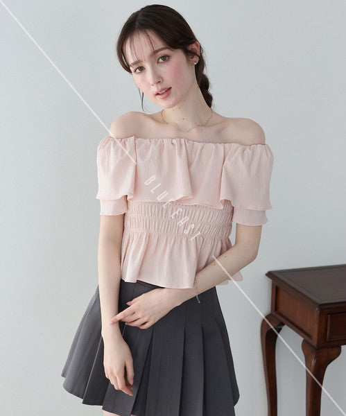 Button Shirt/Blouse Frilled Blouse Short Sleeve Off-The-Shoulder