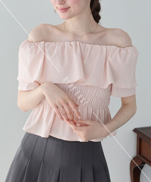 Button Shirt/Blouse Frilled Blouse Short Sleeve Off-The-Shoulder