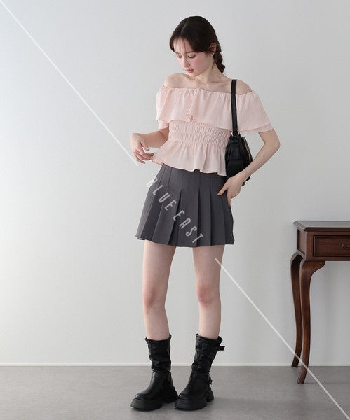 Button Shirt/Blouse Frilled Blouse Short Sleeve Off-The-Shoulder