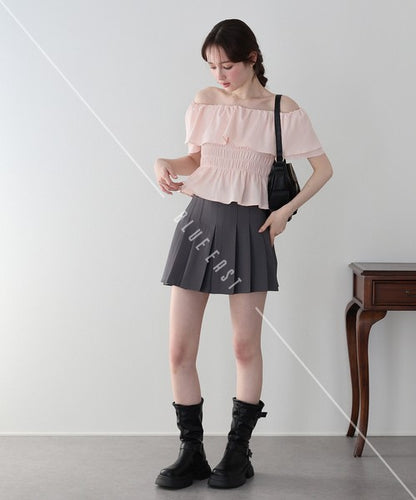 Button Shirt/Blouse Frilled Blouse Short Sleeve Off-The-Shoulder