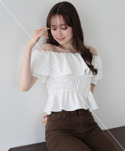 Button Shirt/Blouse Frilled Blouse Short Sleeve Off-The-Shoulder