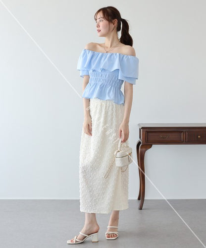 Button Shirt/Blouse Frilled Blouse Short Sleeve Off-The-Shoulder