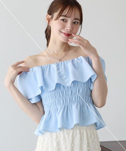 Button Shirt/Blouse Frilled Blouse Short Sleeve Off-The-Shoulder