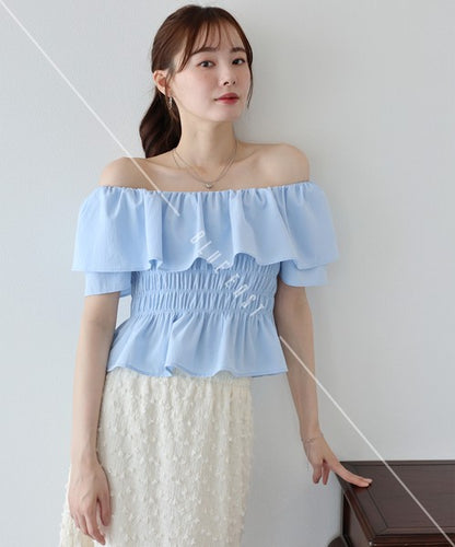 Button Shirt/Blouse Frilled Blouse Short Sleeve Off-The-Shoulder