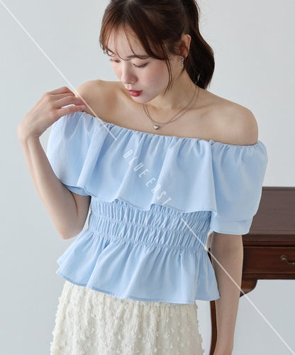 Button Shirt/Blouse Frilled Blouse Short Sleeve Off-The-Shoulder