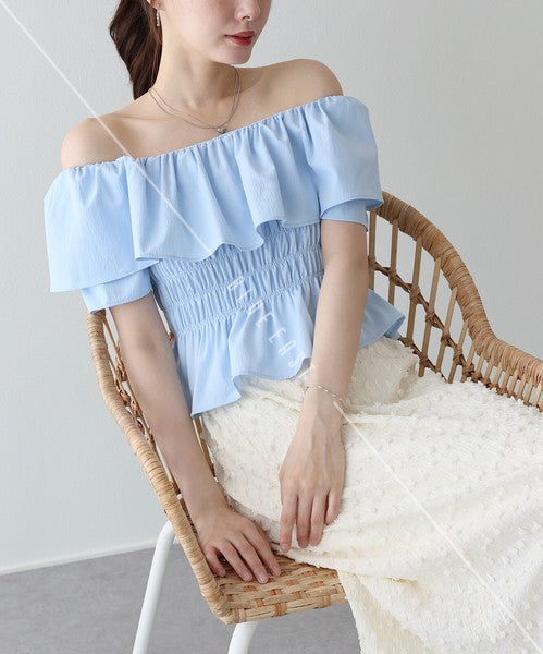 Button Shirt/Blouse Frilled Blouse Short Sleeve Off-The-Shoulder