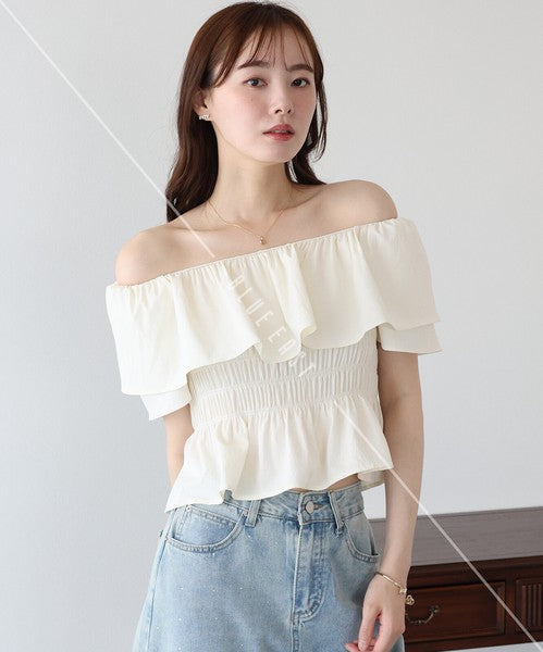Button Shirt/Blouse Frilled Blouse Short Sleeve Off-The-Shoulder