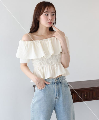 Button Shirt/Blouse Frilled Blouse Short Sleeve Off-The-Shoulder
