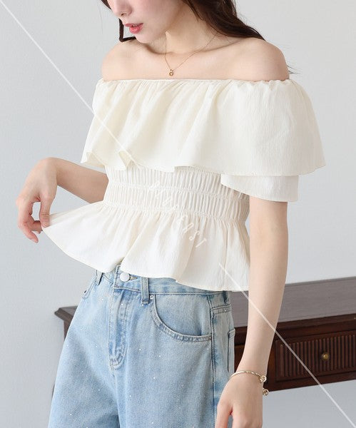 Button Shirt/Blouse Frilled Blouse Short Sleeve Off-The-Shoulder