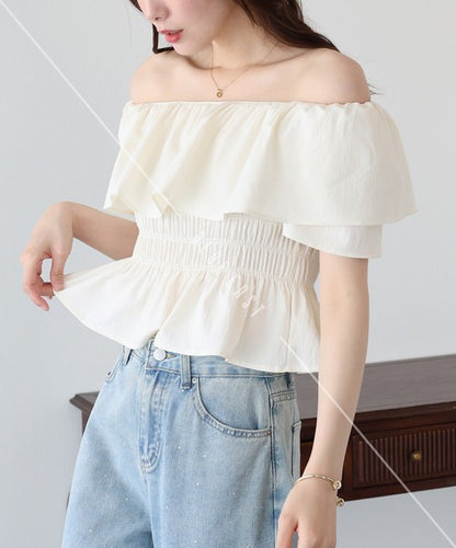 Button Shirt/Blouse Frilled Blouse Short Sleeve Off-The-Shoulder
