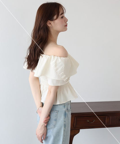 Button Shirt/Blouse Frilled Blouse Short Sleeve Off-The-Shoulder