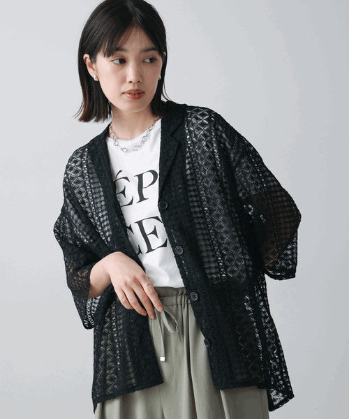 Geometric Lace Short Sleeve Shirt◇Sheer Lace Shirt with a Relaxed Silhouette