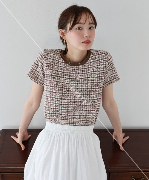 T-shirt Ladies fashion Tweed Cut-and-sew
