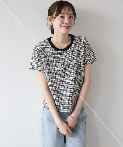 T-shirt Ladies fashion Tweed Cut-and-sew