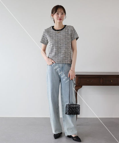 T-shirt Ladies fashion Tweed Cut-and-sew