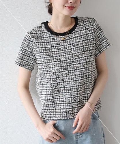 T-shirt Ladies fashion Tweed Cut-and-sew