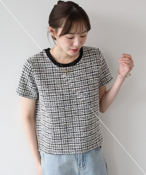T-shirt Ladies fashion Tweed Cut-and-sew