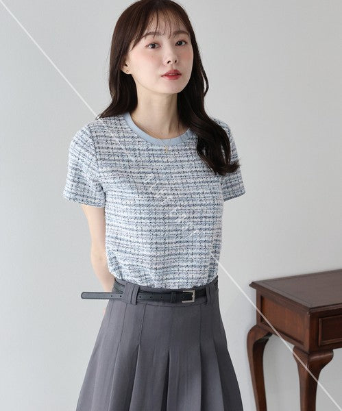 T-shirt Ladies fashion Tweed Cut-and-sew