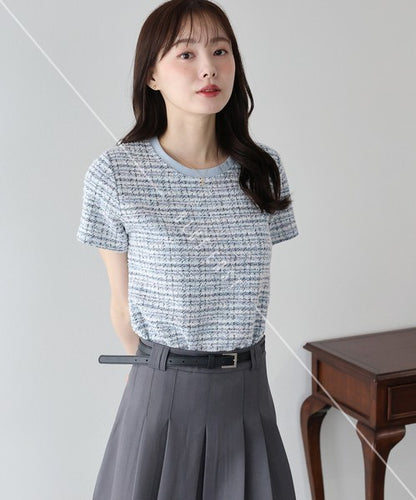 T-shirt Ladies fashion Tweed Cut-and-sew