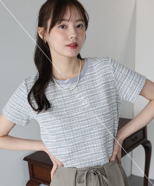T-shirt Ladies fashion Tweed Cut-and-sew