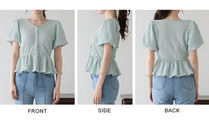 T-shirt Ladies fashion Balloon Sleeve Peplum Cut-and-sew
