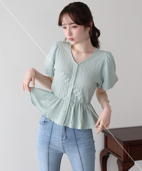 T-shirt Ladies fashion Balloon Sleeve Peplum Cut-and-sew