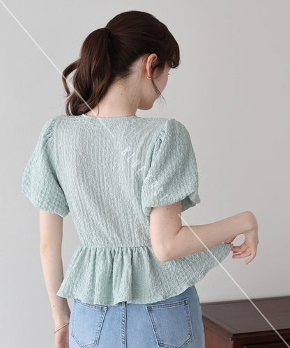 T-shirt Ladies fashion Balloon Sleeve Peplum Cut-and-sew