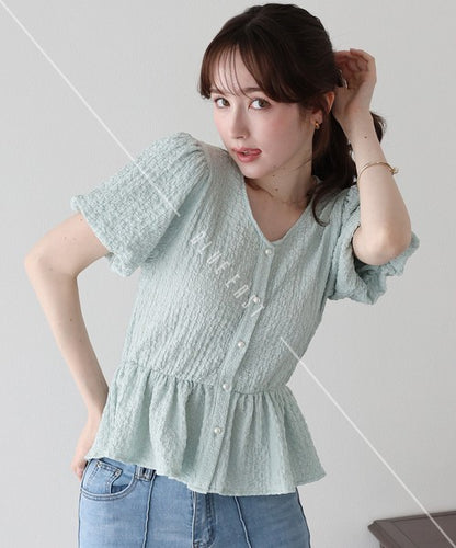 T-shirt Ladies fashion Balloon Sleeve Peplum Cut-and-sew
