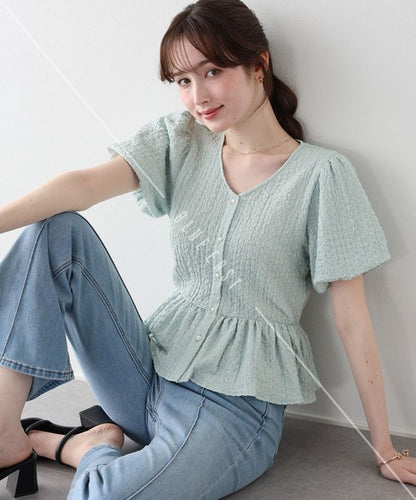 T-shirt Ladies fashion Balloon Sleeve Peplum Cut-and-sew