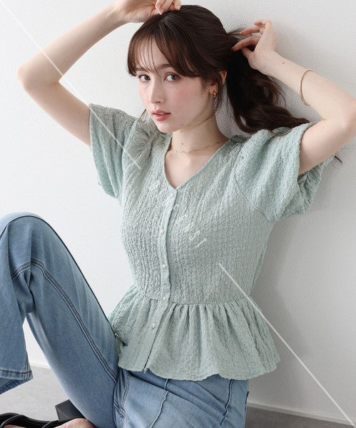 T-shirt Ladies fashion Balloon Sleeve Peplum Cut-and-sew