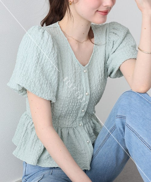 T-shirt Ladies fashion Balloon Sleeve Peplum Cut-and-sew