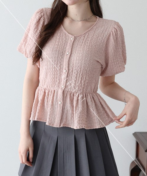 T-shirt Ladies fashion Balloon Sleeve Peplum Cut-and-sew
