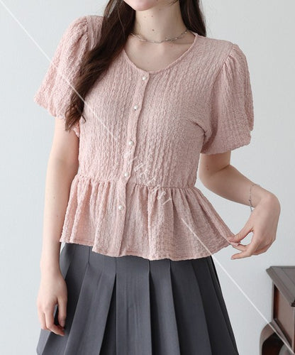 T-shirt Ladies fashion Balloon Sleeve Peplum Cut-and-sew